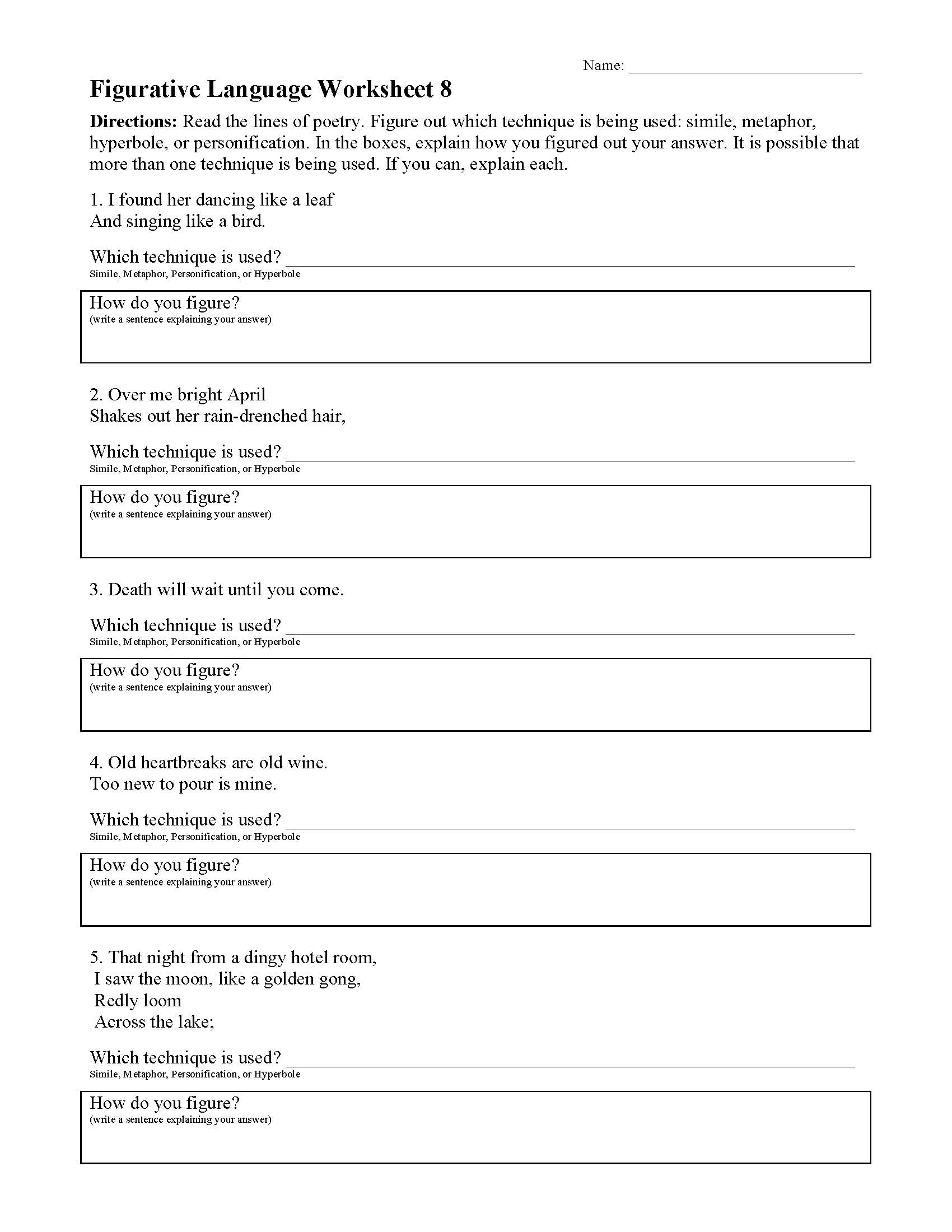 This is a preview image of Figurative Language Worksheet 8. Click on it to enlarge it or view the source file.