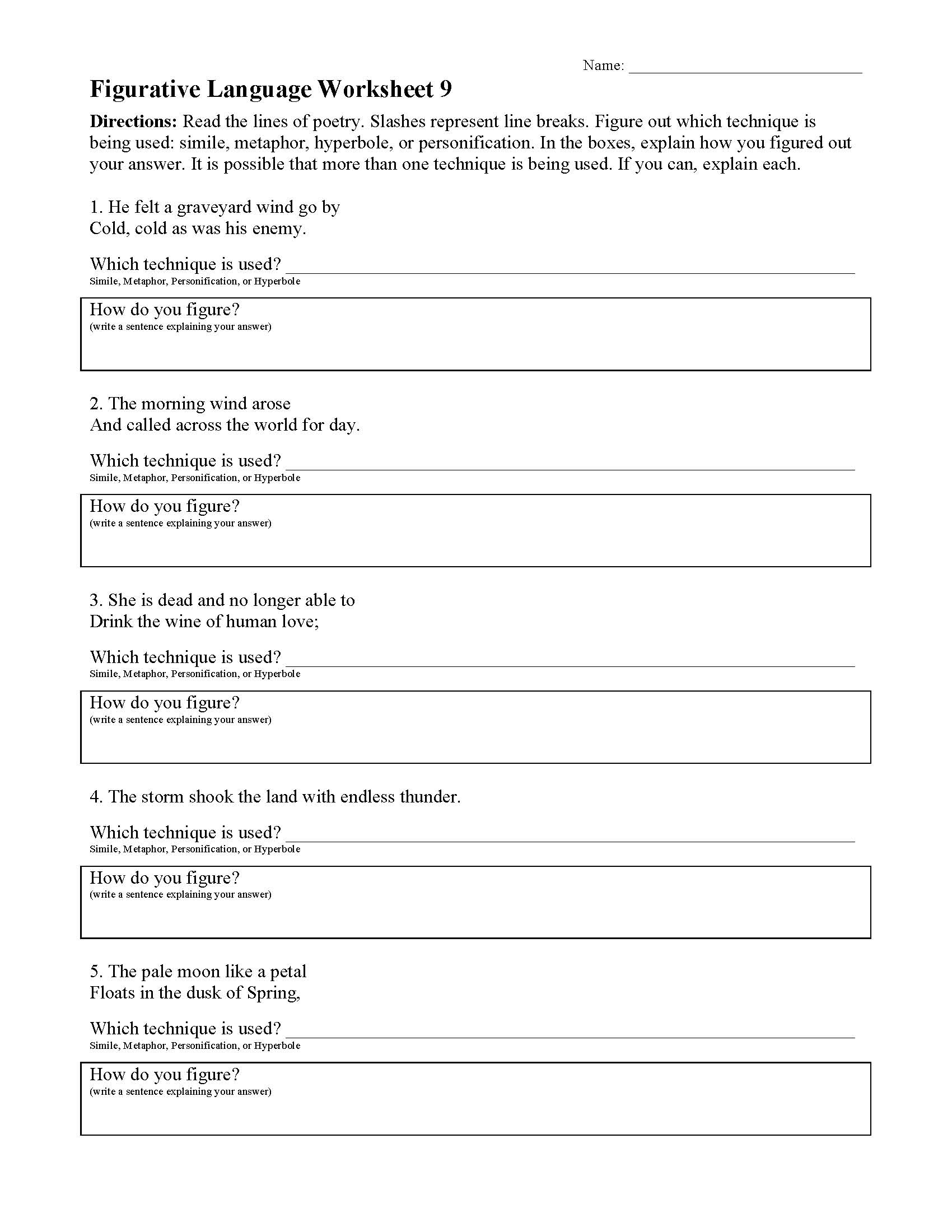 This is a preview image of Figurative Language Worksheet 9. Click on it to enlarge it or view the source file.