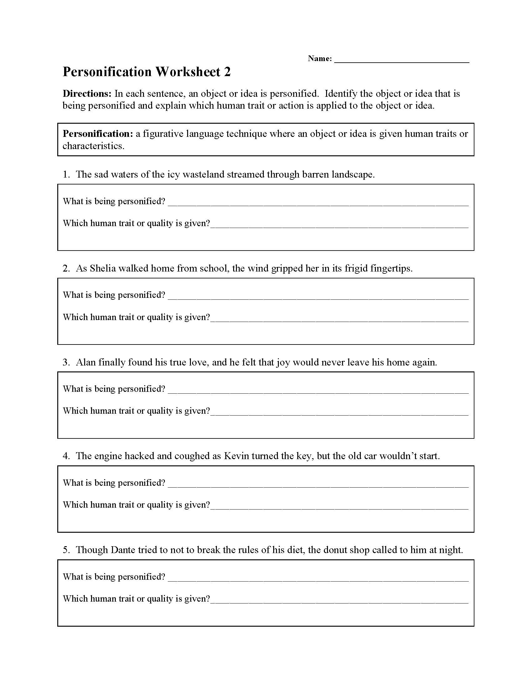 This is a preview image of Personification Worksheet 2. Click on it to enlarge it or view the source file.
