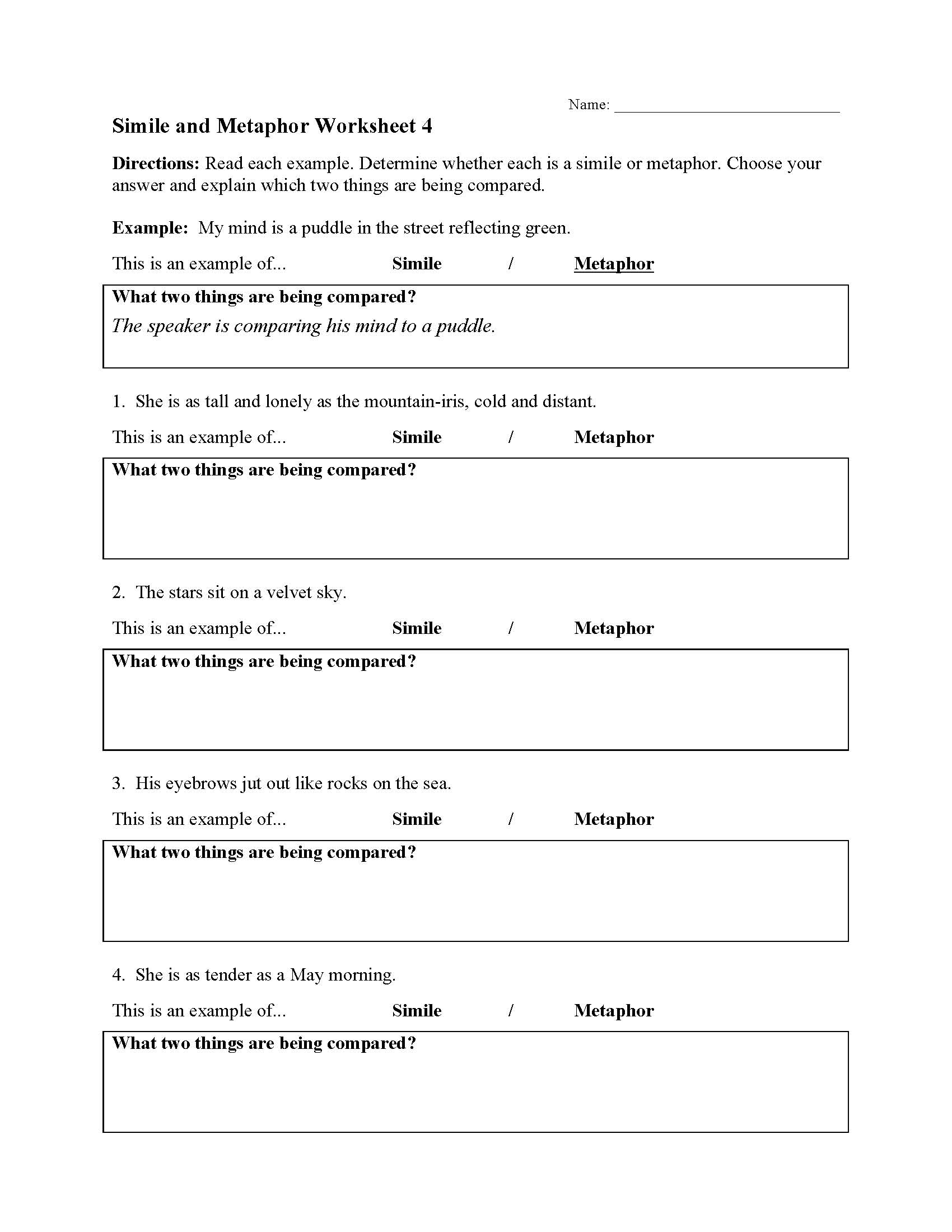 This is a preview image of Simile and Metaphor Worksheet 4. Click on it to enlarge it or view the source file.