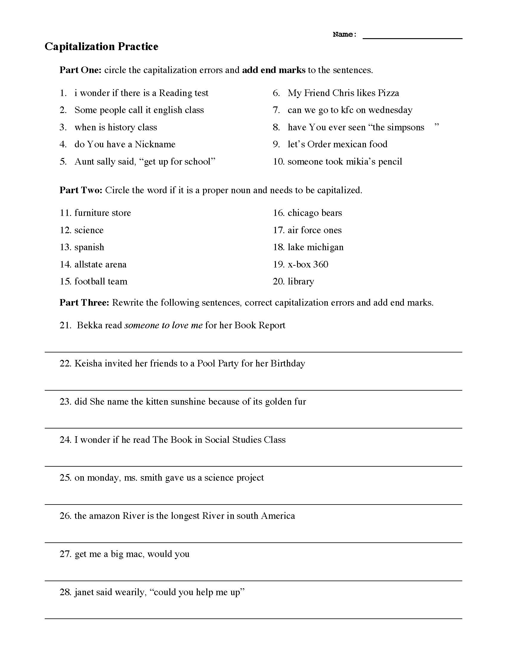 This is a preview image of Capitalization Practice Worksheet. Click on it to enlarge it or view the source file.