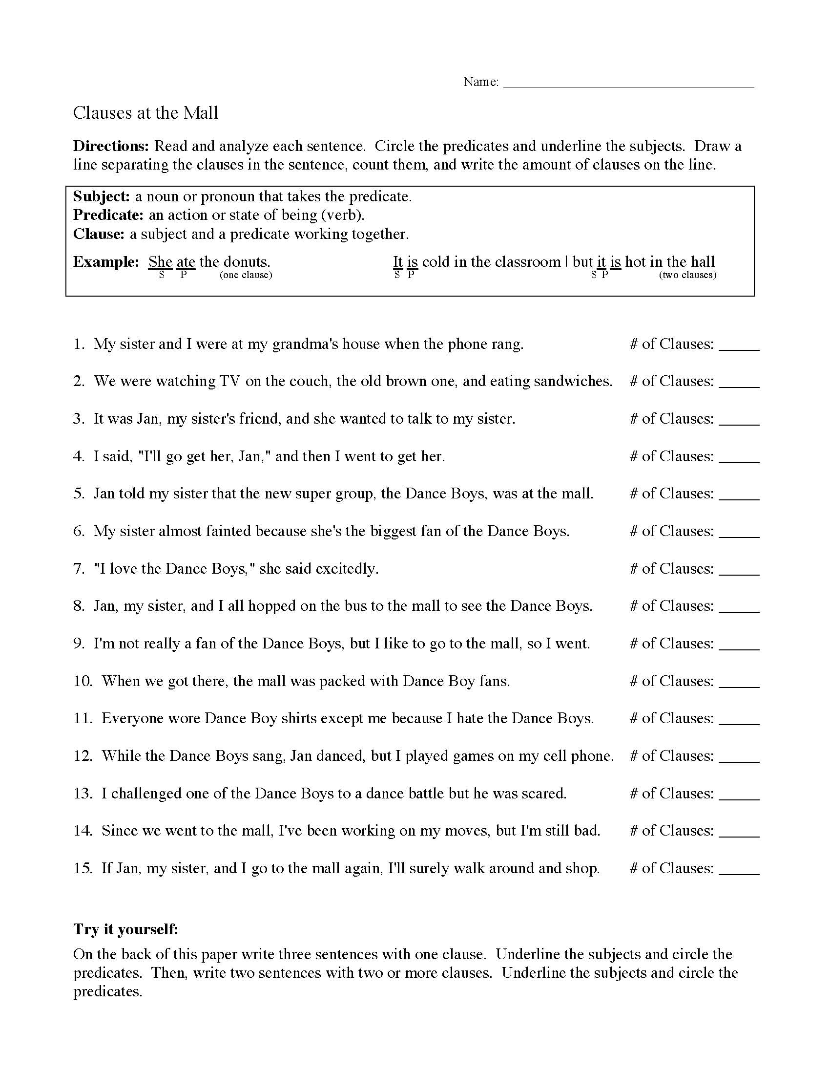 This is a preview image of Clauses at the Mall Worksheet. Click on it to enlarge it or view the source file.