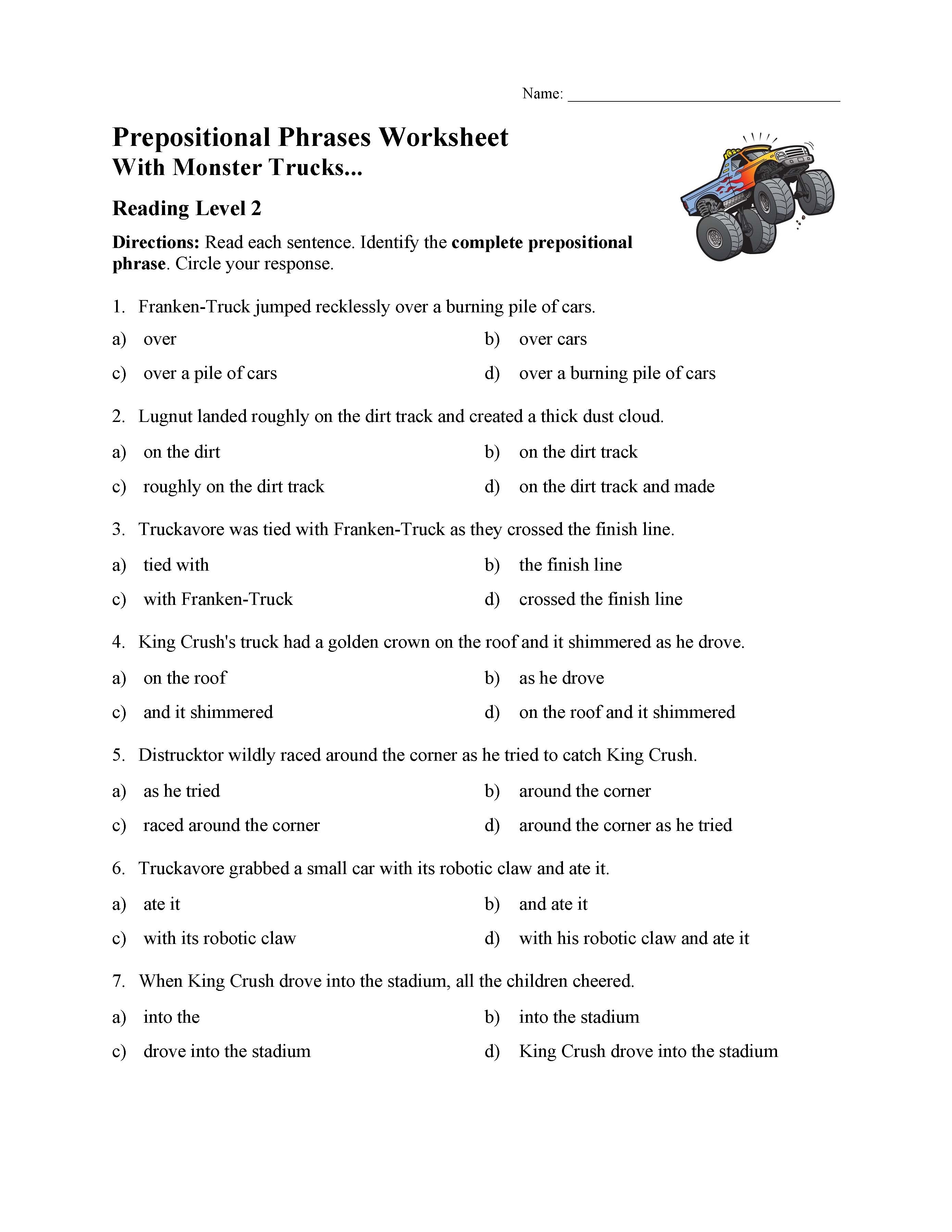 This is a preview image of Prepositional Phrases Worksheet | With Monster Trucks. Click on it to enlarge it or view the source file.