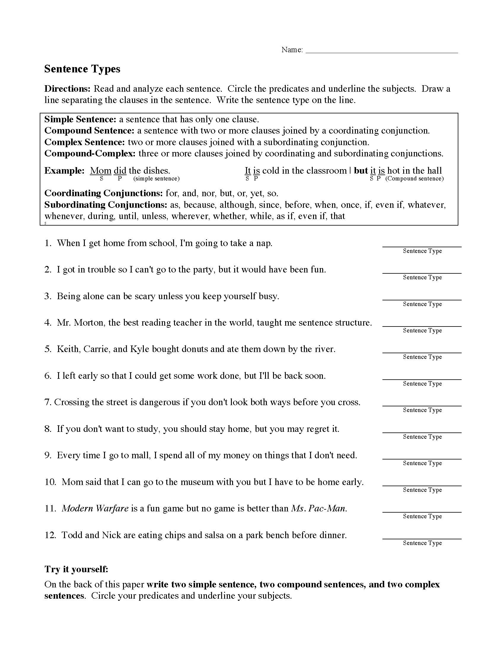 This is a preview image of Sentence Types Worksheet. Click on it to enlarge it or view the source file.