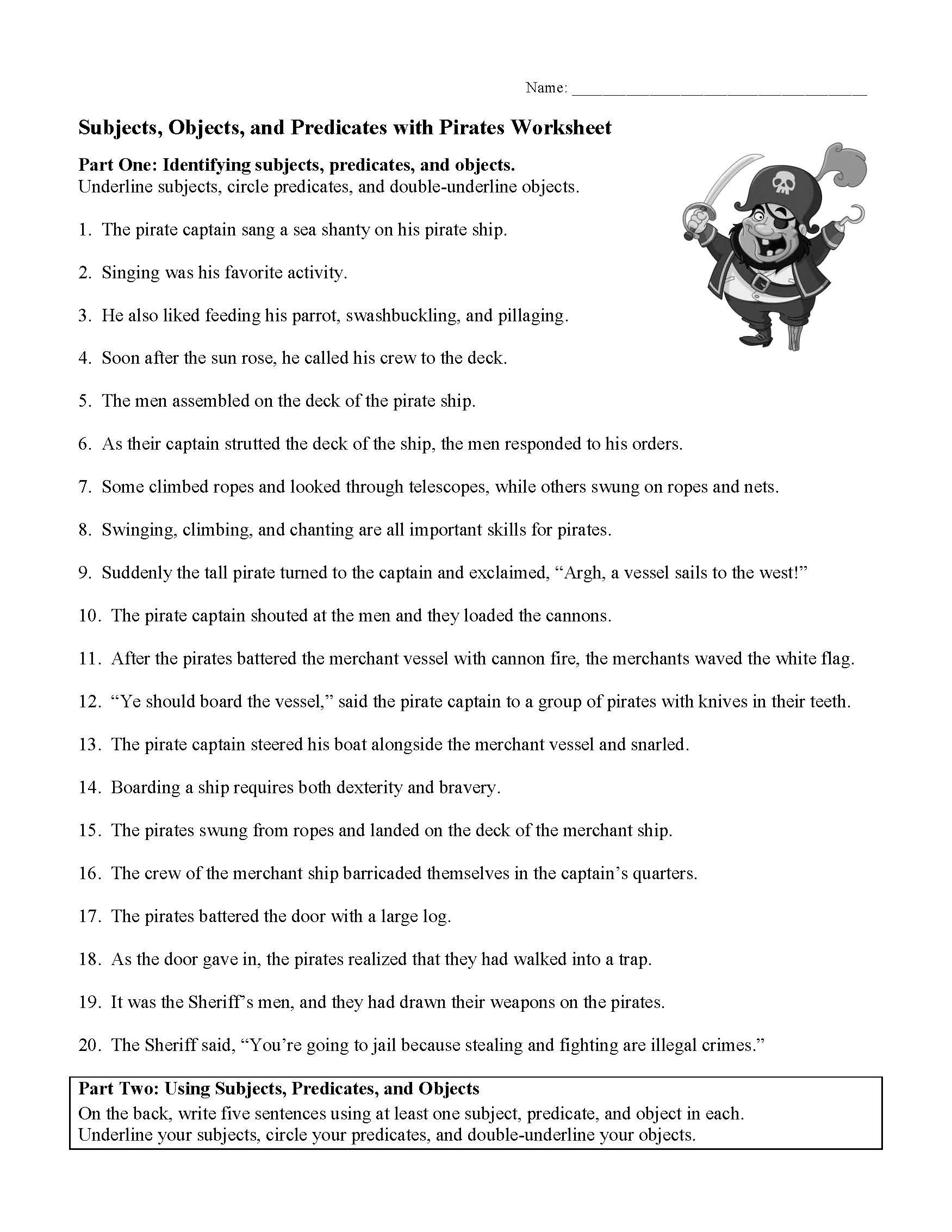 This is a preview image of Subjects, Objects, and Predicates with Pirates Worksheet. Click on it to enlarge it or view the source file.