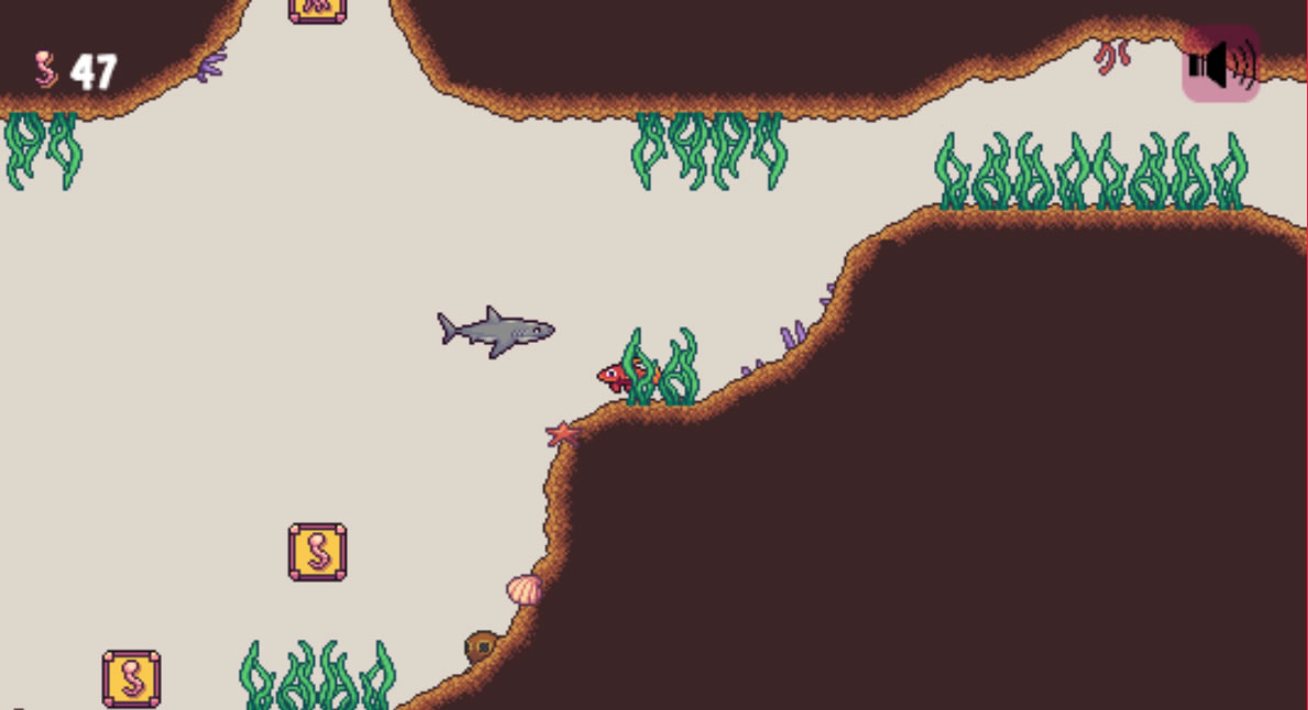 This is a screenshot of Genre Piranha: Literary Genre Review Game. The player is hiding in the weeds as a shark approaches.