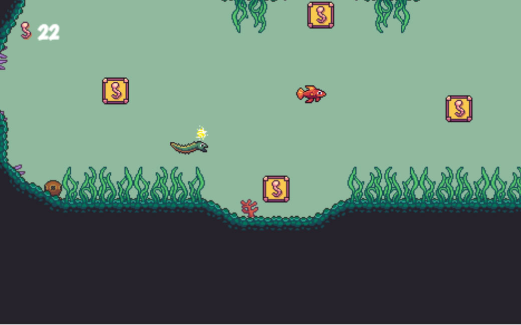 This is a screenshot of Genre Piranha: Literary Genre Review Game. An eel is shooting electricity at the player.