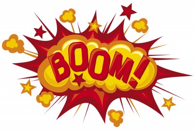 This is an image of the onomatopoeic word Boom.  It is surrounded by dust clouds and a cartoon explosion