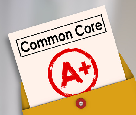 This is an CGI illustration of an open manilla envelope. A report card with the words "Common Core" at the top is rising from the envelope. The report card has a bright red A+ on it.