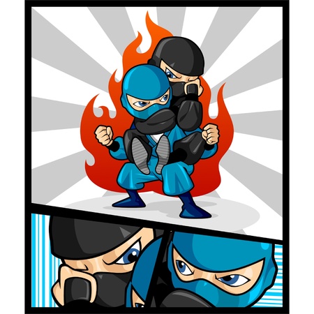 This is an image of two ninjas fighting. One ninja is dressed in a black suit and the other is dressed in a blue suit.