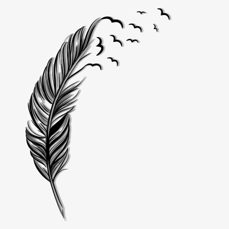 This is an illustration of a feather quill. The top of the quill is transforming into birds who are flying into the sky.
