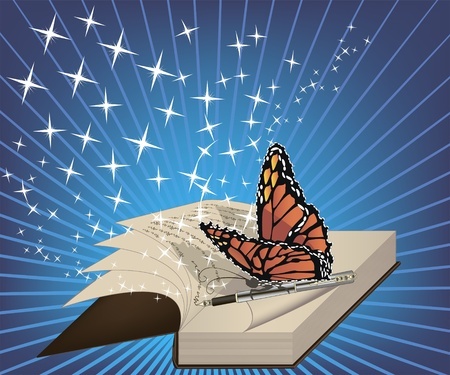 This is an illustration of a feather quill on an open books with a butterfly and magic stars flying out of the book.