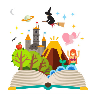 This is an illustration of an open book with classic character types from many different genres flying out of the book. There is a witch, a pink elephant, a mermaid, the planet saturn, a castle, a volcano, and an enchanted forest.