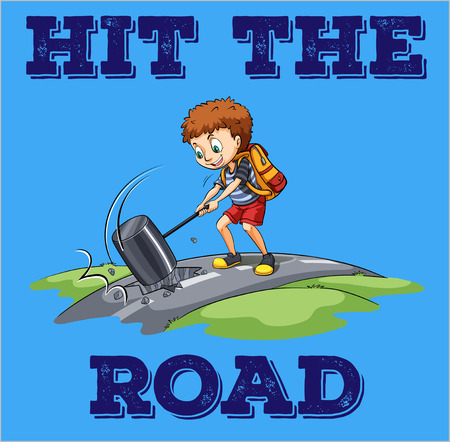 This is a picture of a young boy hitting the road with a sledge hammer. The caption at the bottom of the picture reads "Hit the road."