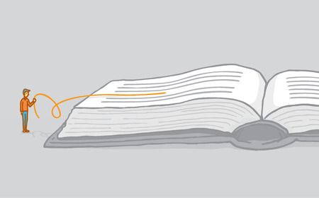 This is an illustration of a man pulling a line from a book. The line he is pulling is coming from between the other lines and is orange. The other lines are black. It is meant to signify that he is reading between the lines.