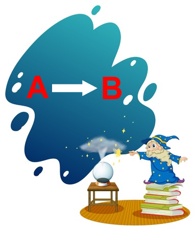 This is an illustration of a wizard standing on a pile of books. He is zapping a crystal ball with his wand and a smoky cloud is rising from it. In the cloud is the letter A with an arrow pointing to the letter B. It is meant to convey the idea of making predictions.