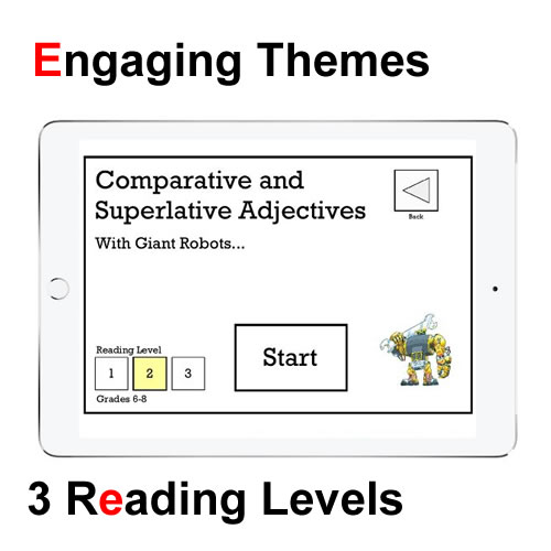This is an image of an Activity Title page on my Parts of Speech App. It shows a giant robot and some buttons where a student could pick his or her reading level.