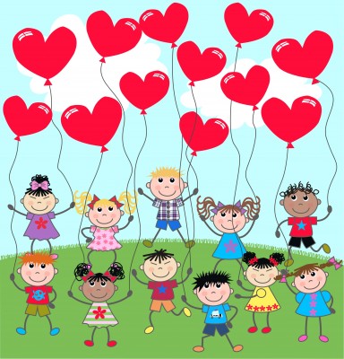 This is a picture of a bunch of kids with floating red heart balloons.