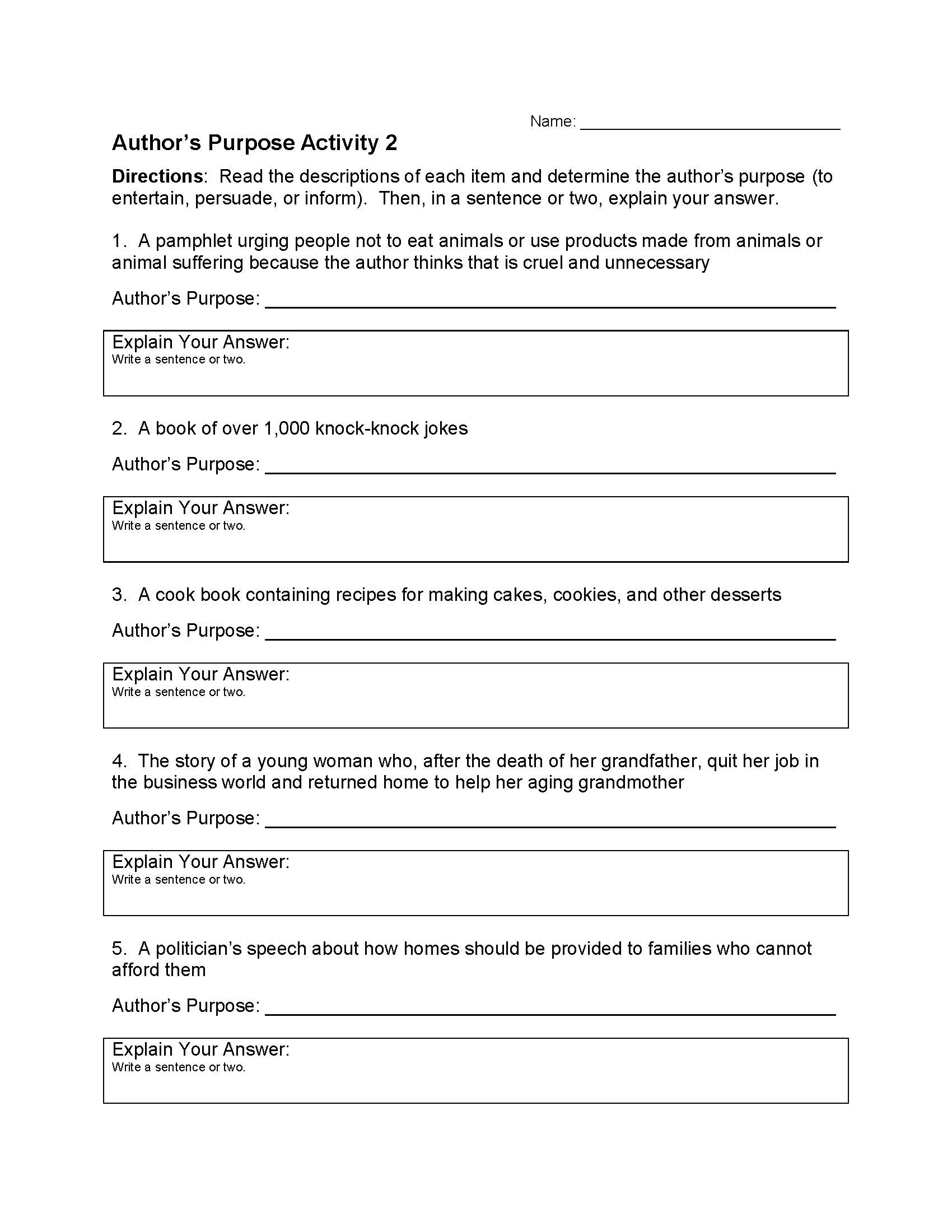 This is a preview image of Author's Purpose Worksheet 2. Click on it to enlarge it or view the source file.