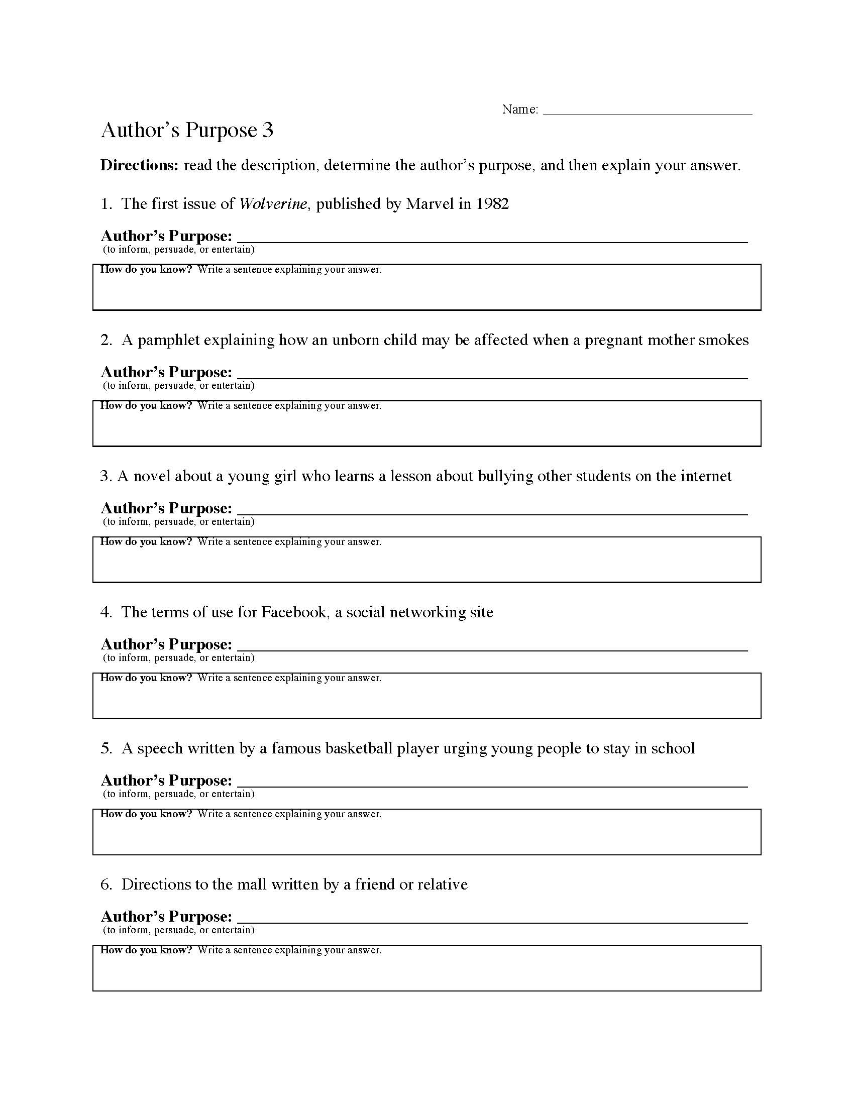 This is a preview image of Author's Purpose Worksheet 3. Click on it to enlarge it or view the source file.