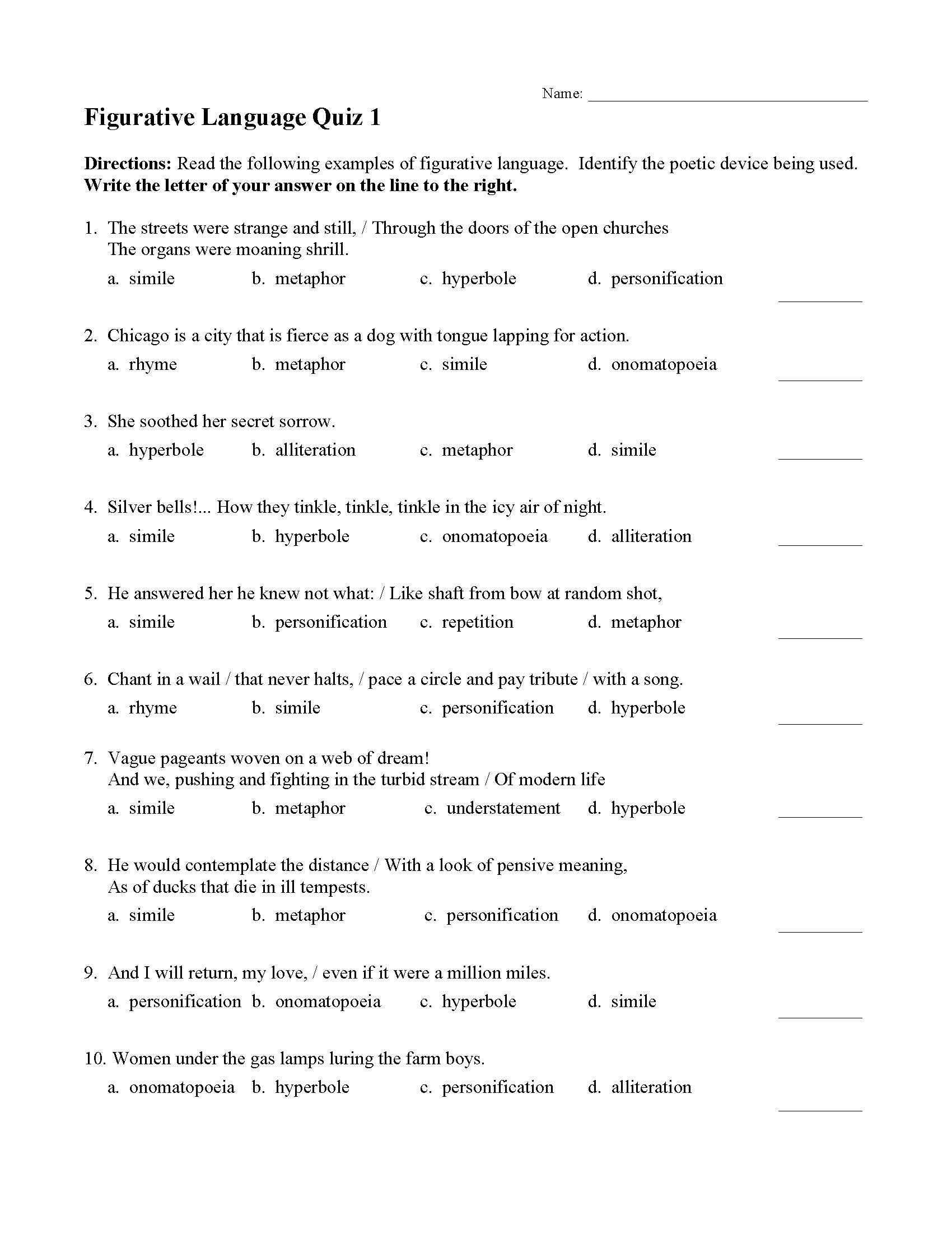 Figurative Language Quiz 22  Reading Activity Inside Figurative Language Review Worksheet