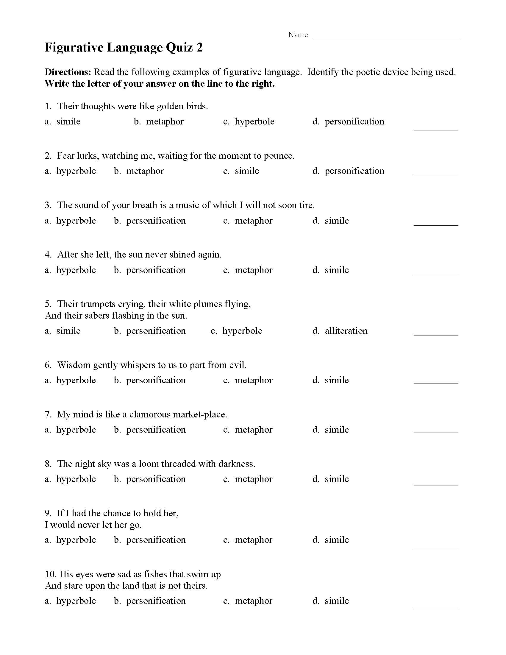 Figurative Language Worksheets Multiple Choice