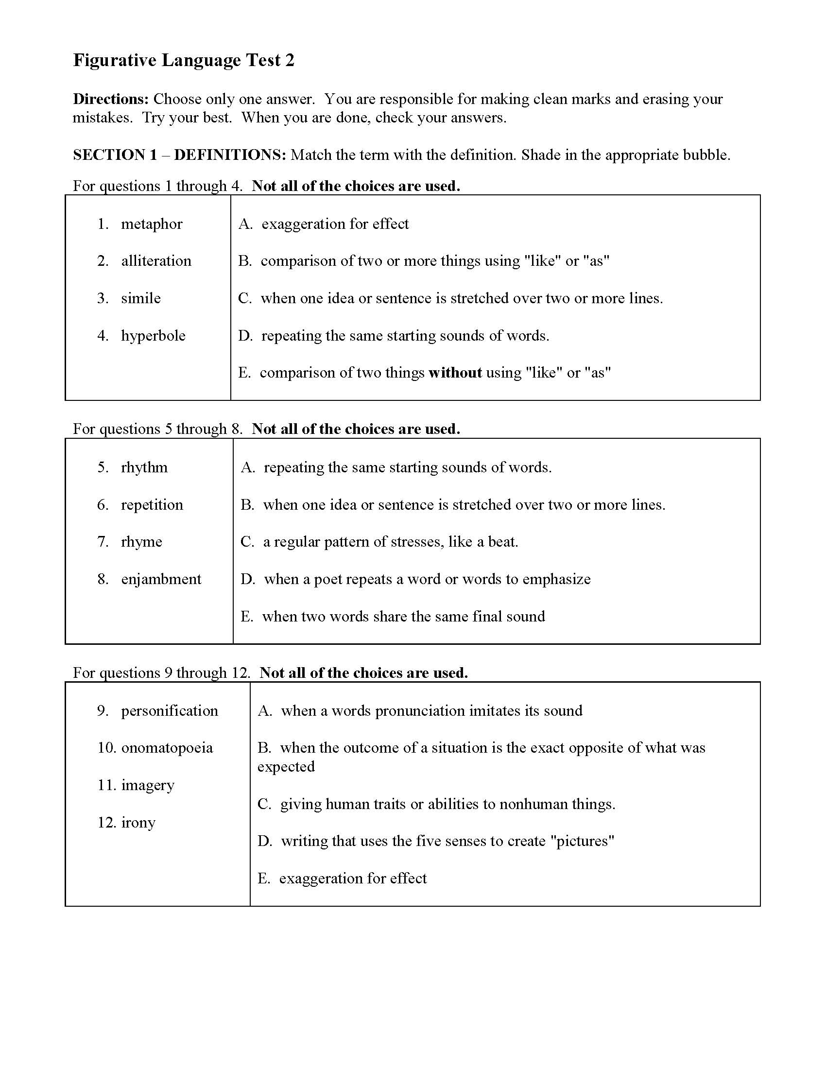 This is a preview image of Figurative Language Test 2. Click on it to enlarge it or view the source file.