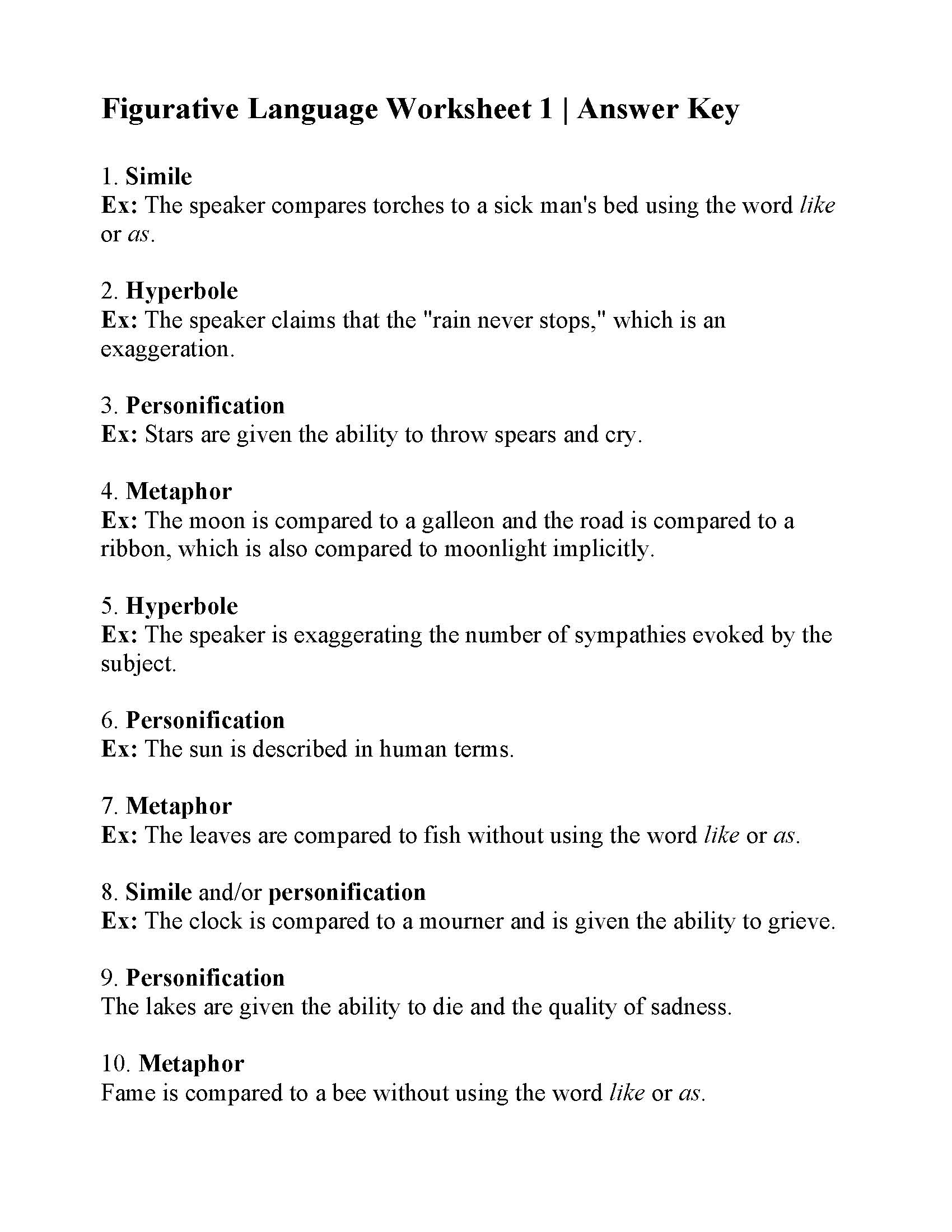 Figurative Language Identify It Worksheet Answers