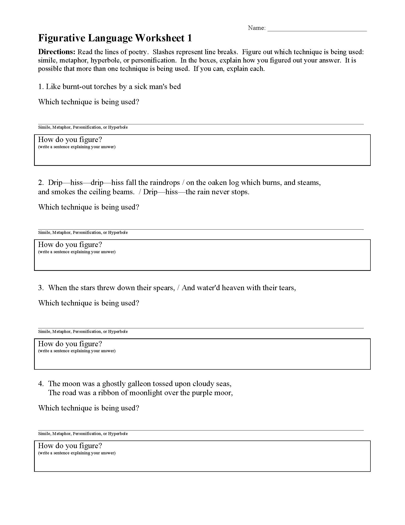 Figurative Language Worksheets  Ereading Worksheets In Figures Of Speech Worksheet