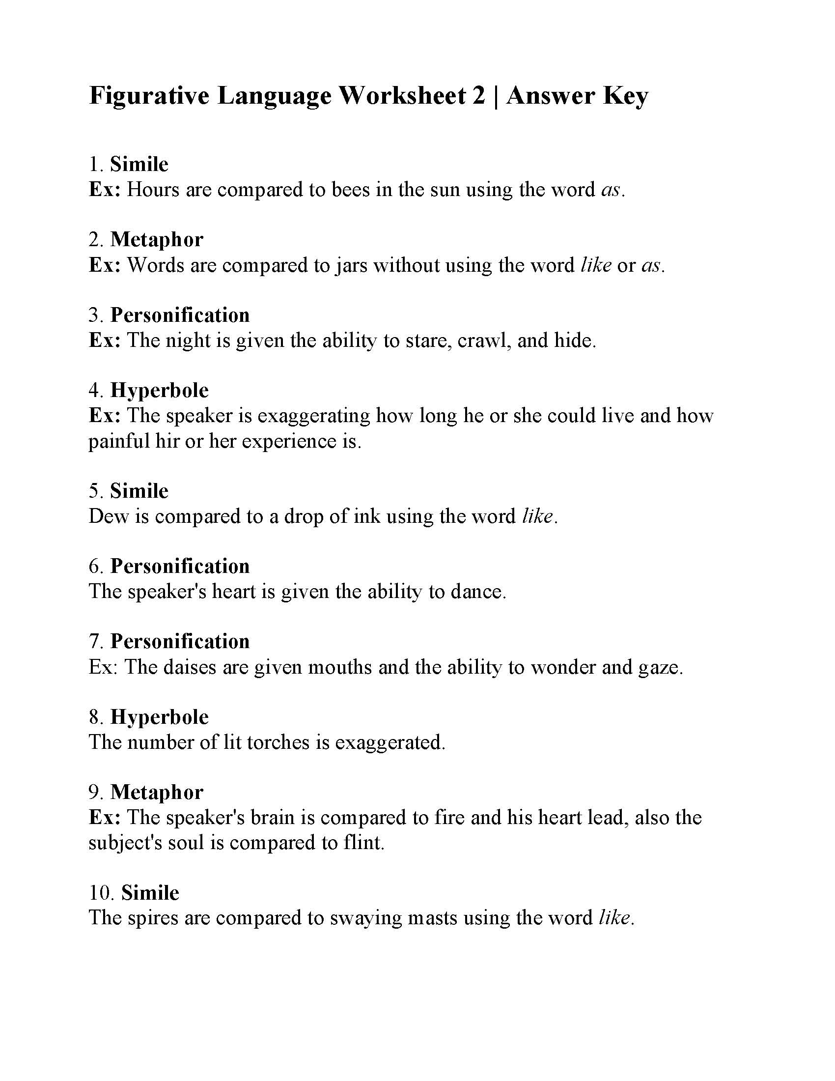 identifying figurative language in fiction answer key Throughout Literary Devices Worksheet Pdf