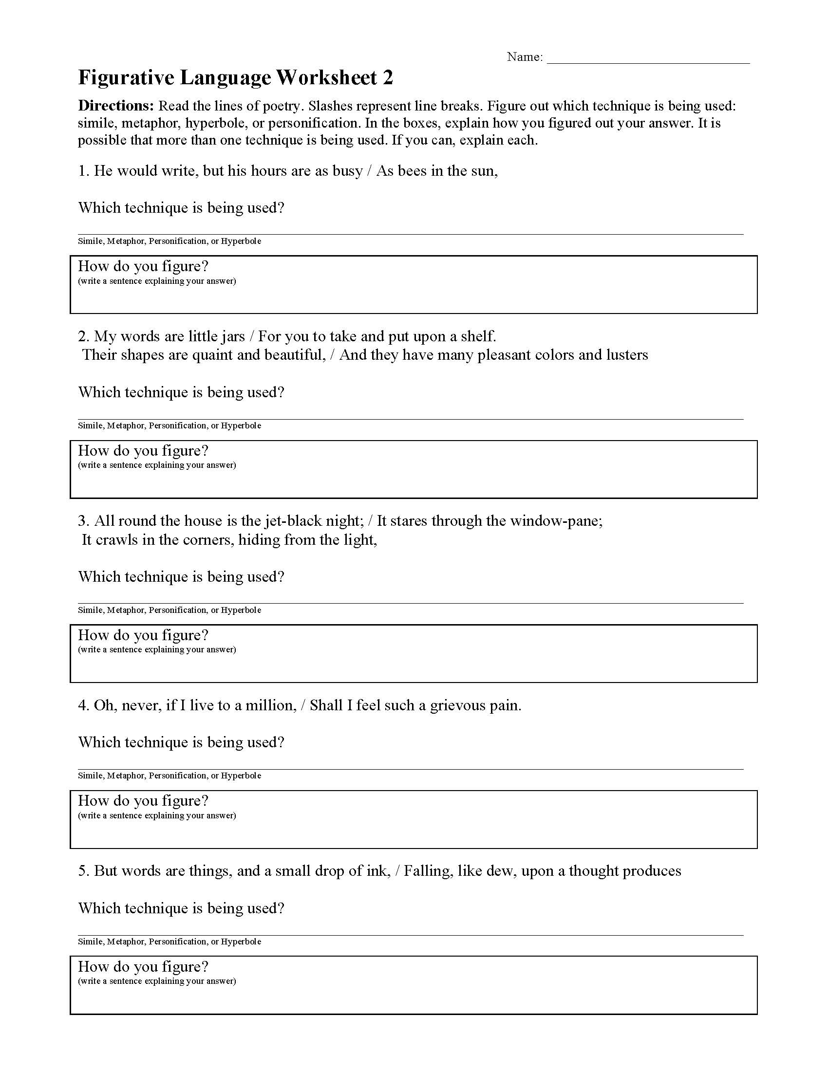 This is a preview image of Figurative Language Worksheet 2. Click on it to enlarge it or view the source file.