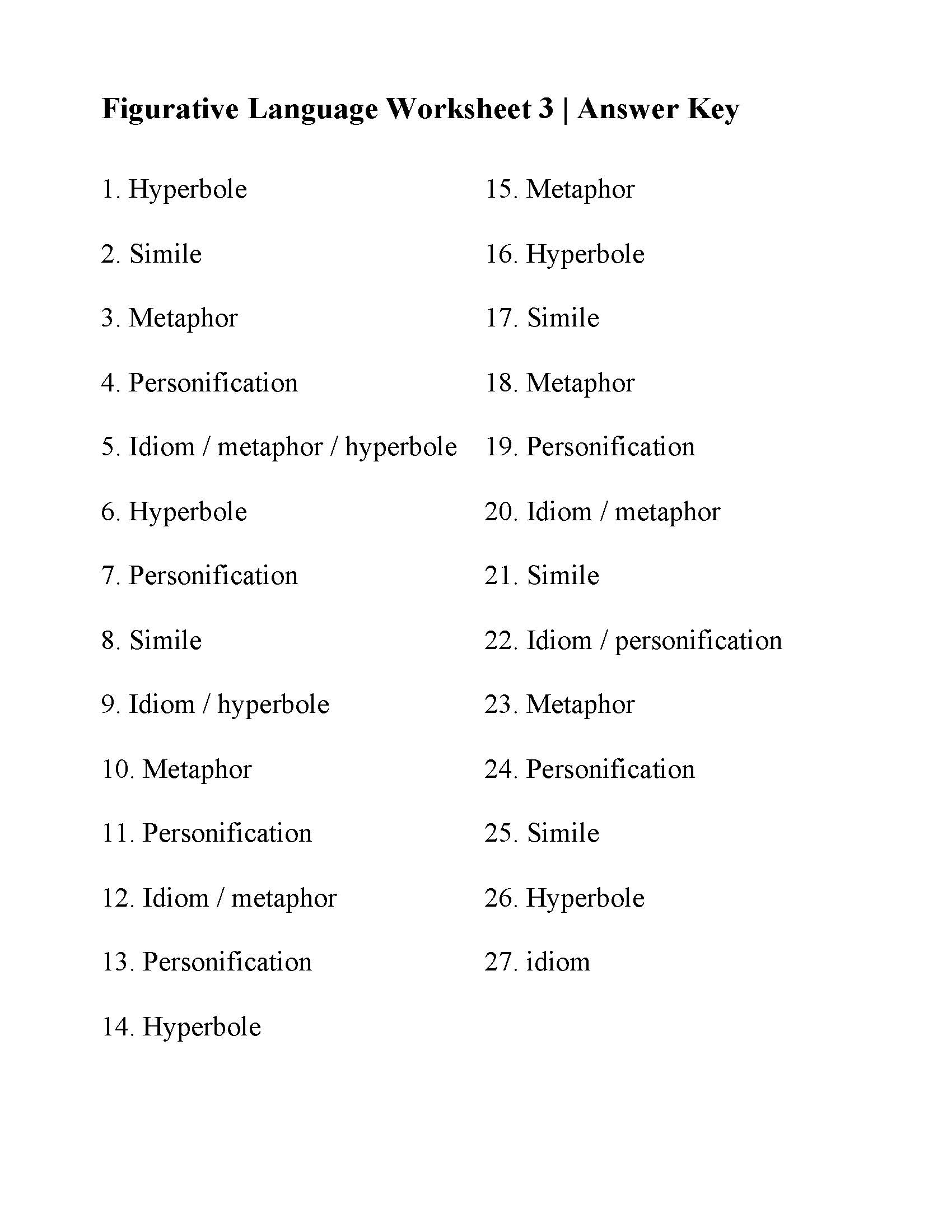 figurative language worksheet 21 answer key Intended For Figurative Language Worksheet 2 Answers