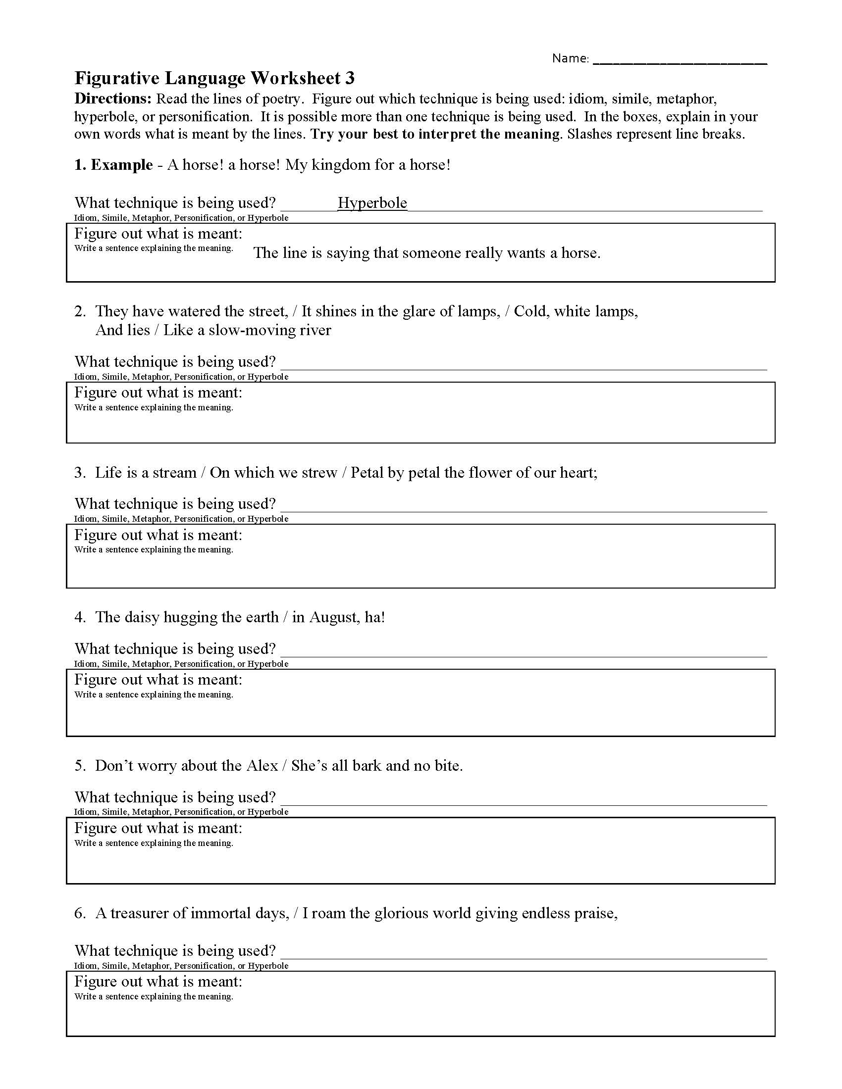 This is a preview image of Figurative Language Worksheet 3. Click on it to enlarge it or view the source file.