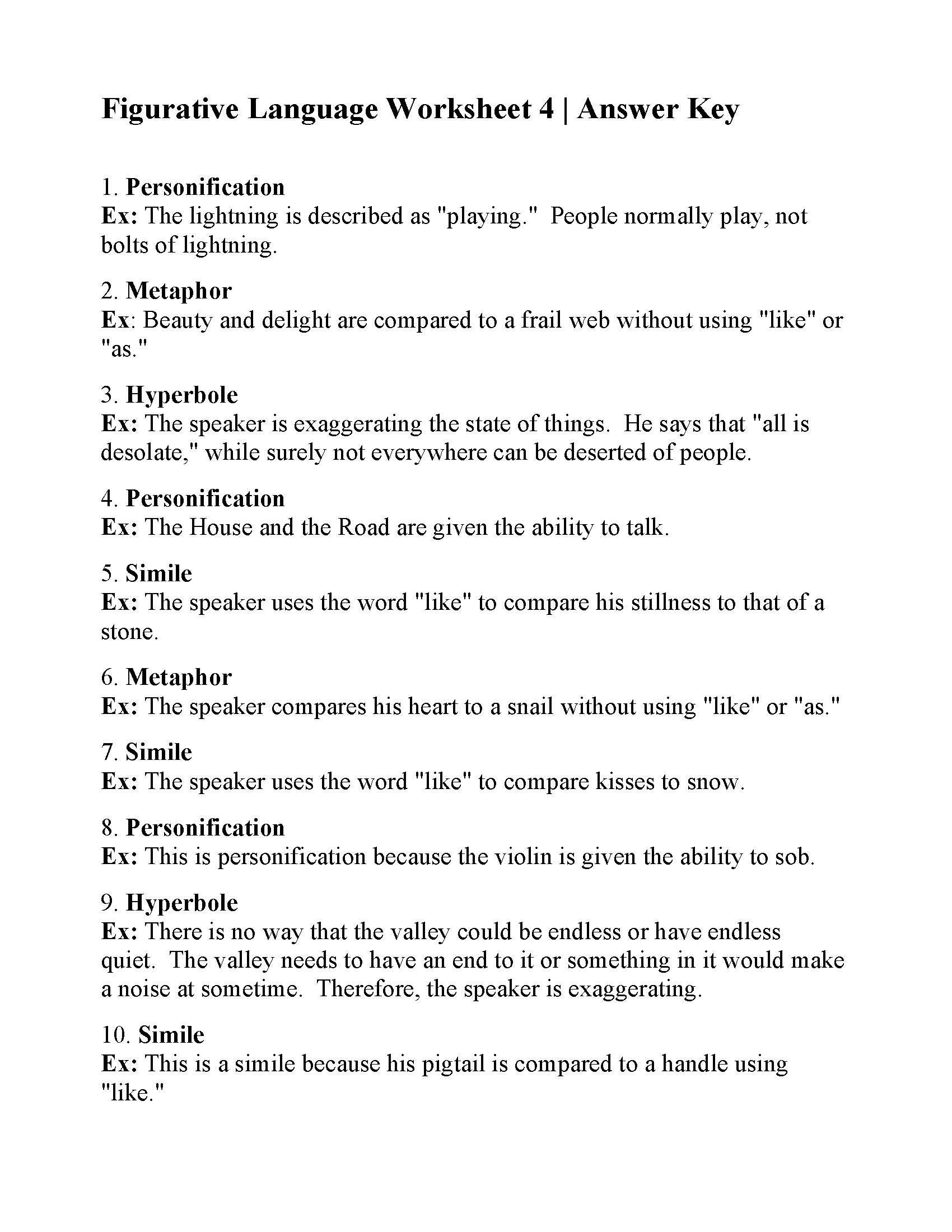 Figurative Language Worksheet 21  Reading Activity With Figurative Language Worksheet 2 Answers