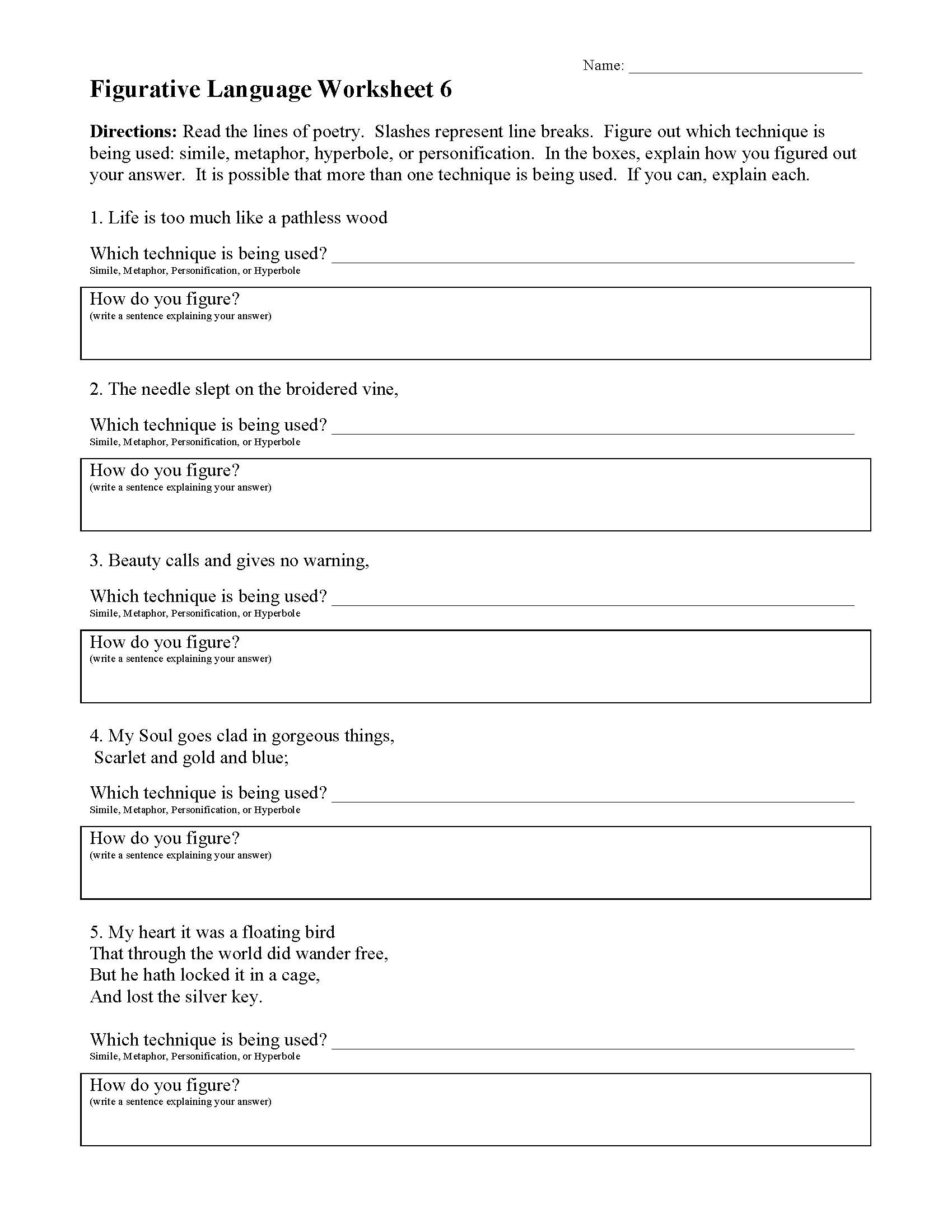 This is a preview image of Figurative Language Worksheet 6. Click on it to enlarge it or view the source file.