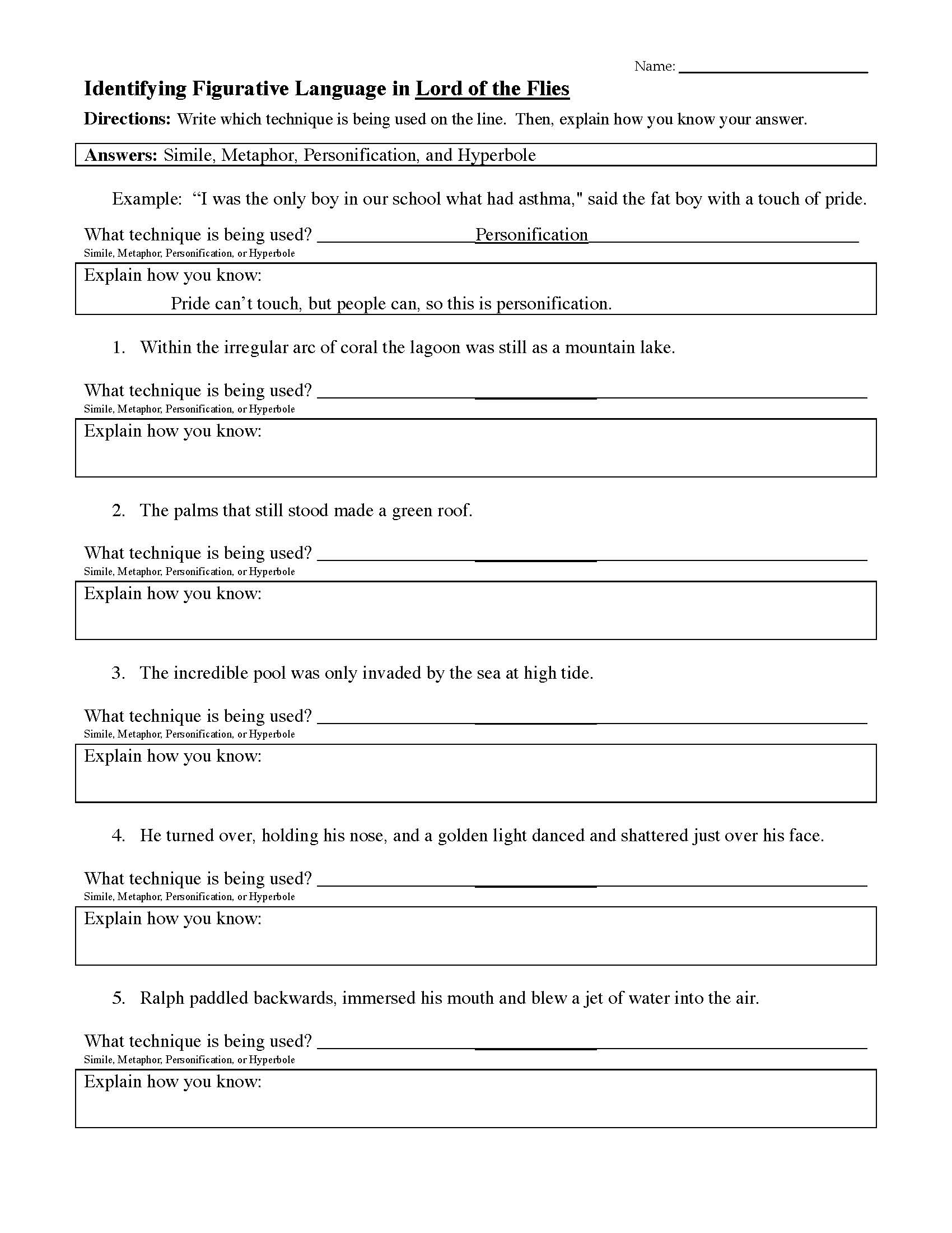 This is a preview image of "Lord of the Flies" Figurative Language Worksheet. Click on it to enlarge it or view the source file.