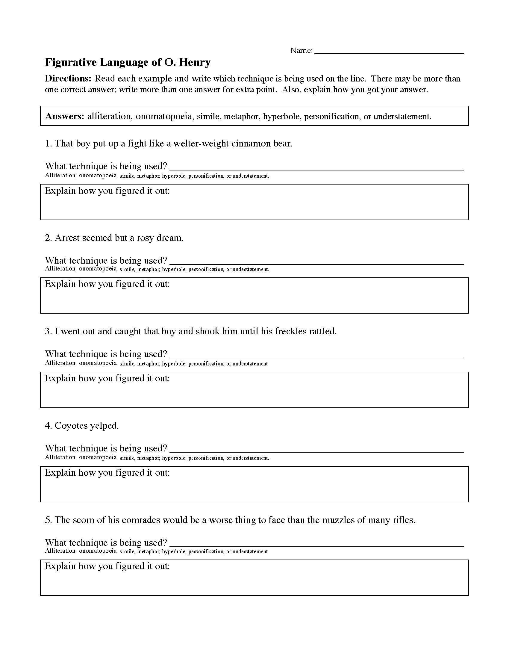 figurative language worksheets reading activities