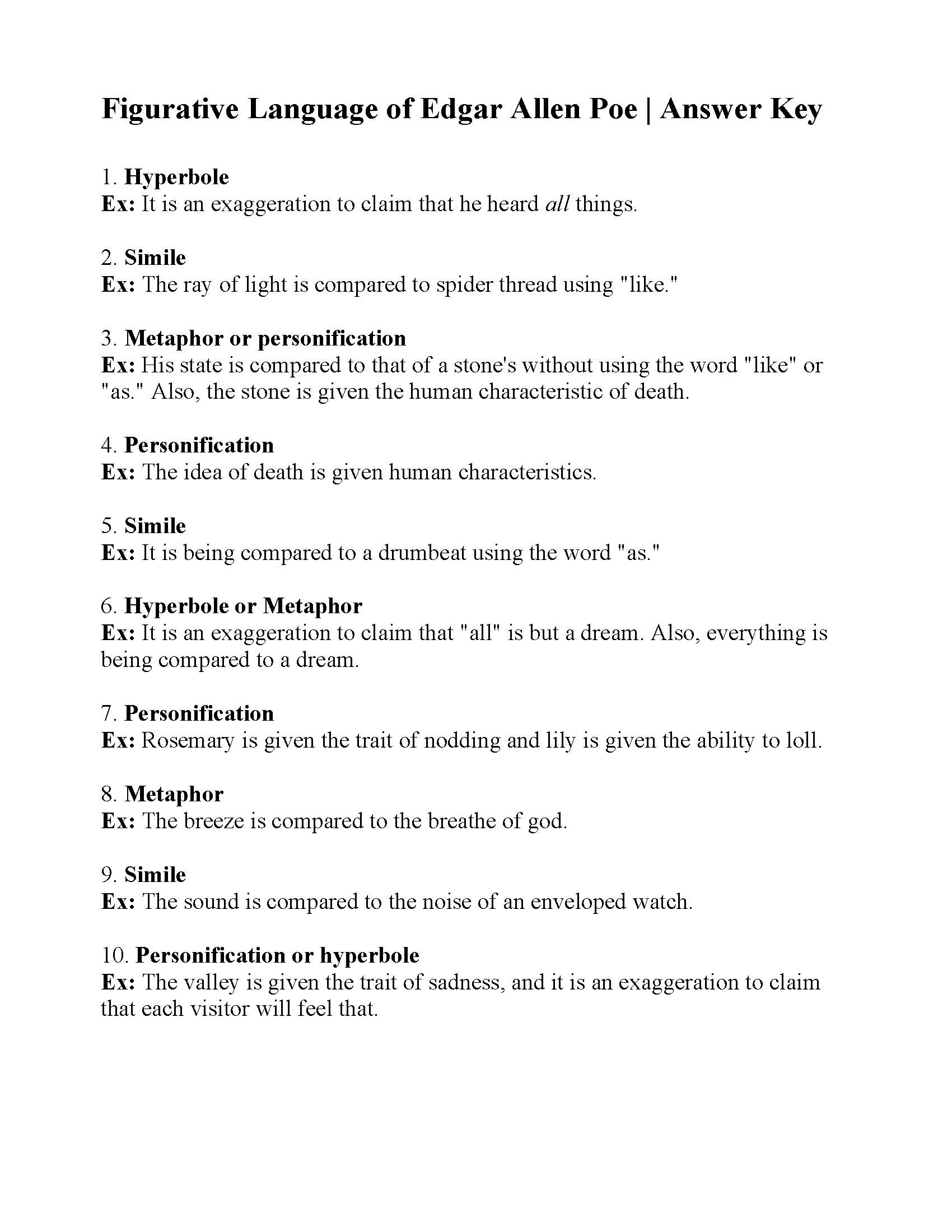 This is a preview image of Figurative Language of Edgar Allan Poe Worksheet. Click on it to enlarge it or view the source file.