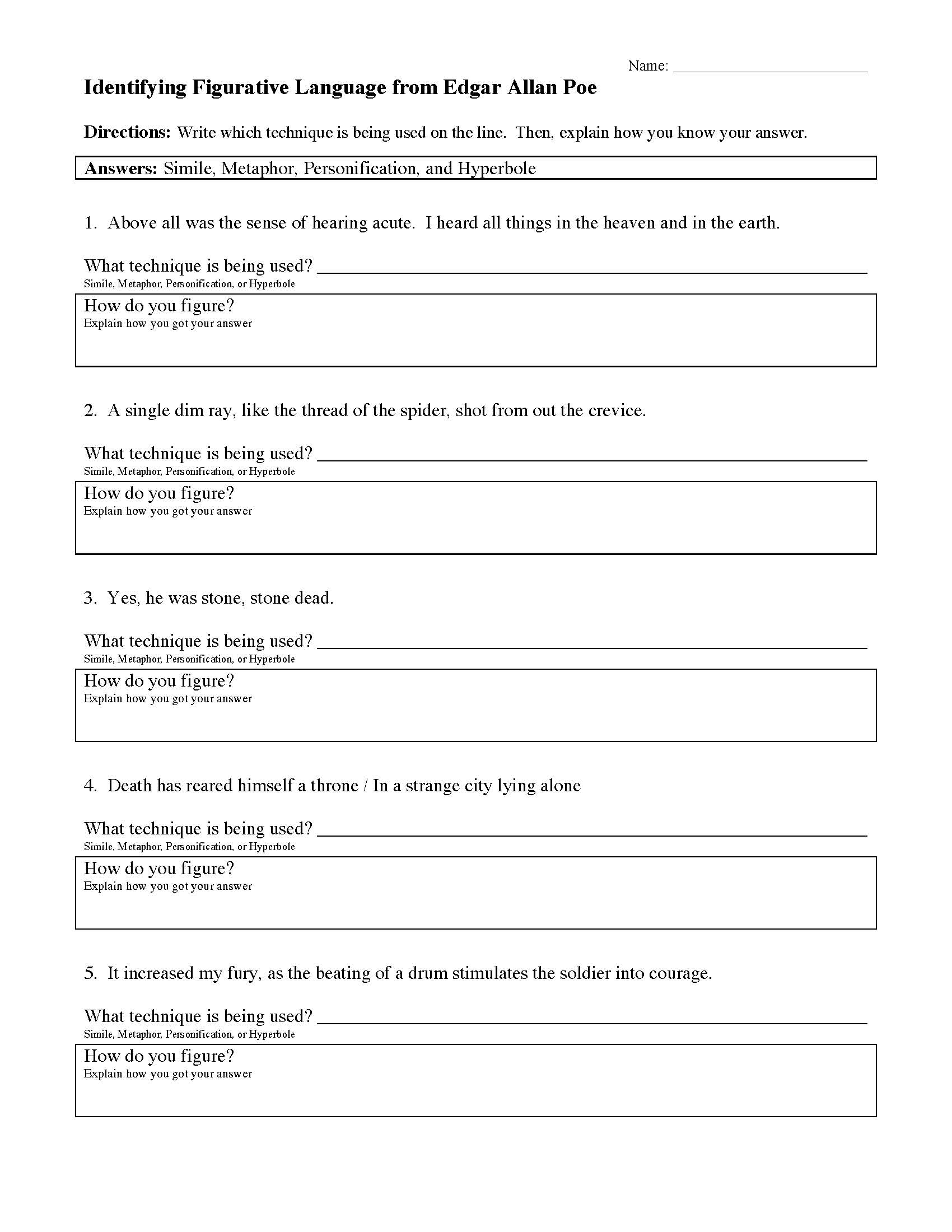 This is a preview image of Figurative Language of Edgar Allan Poe Worksheet. Click on it to enlarge it or view the source file.