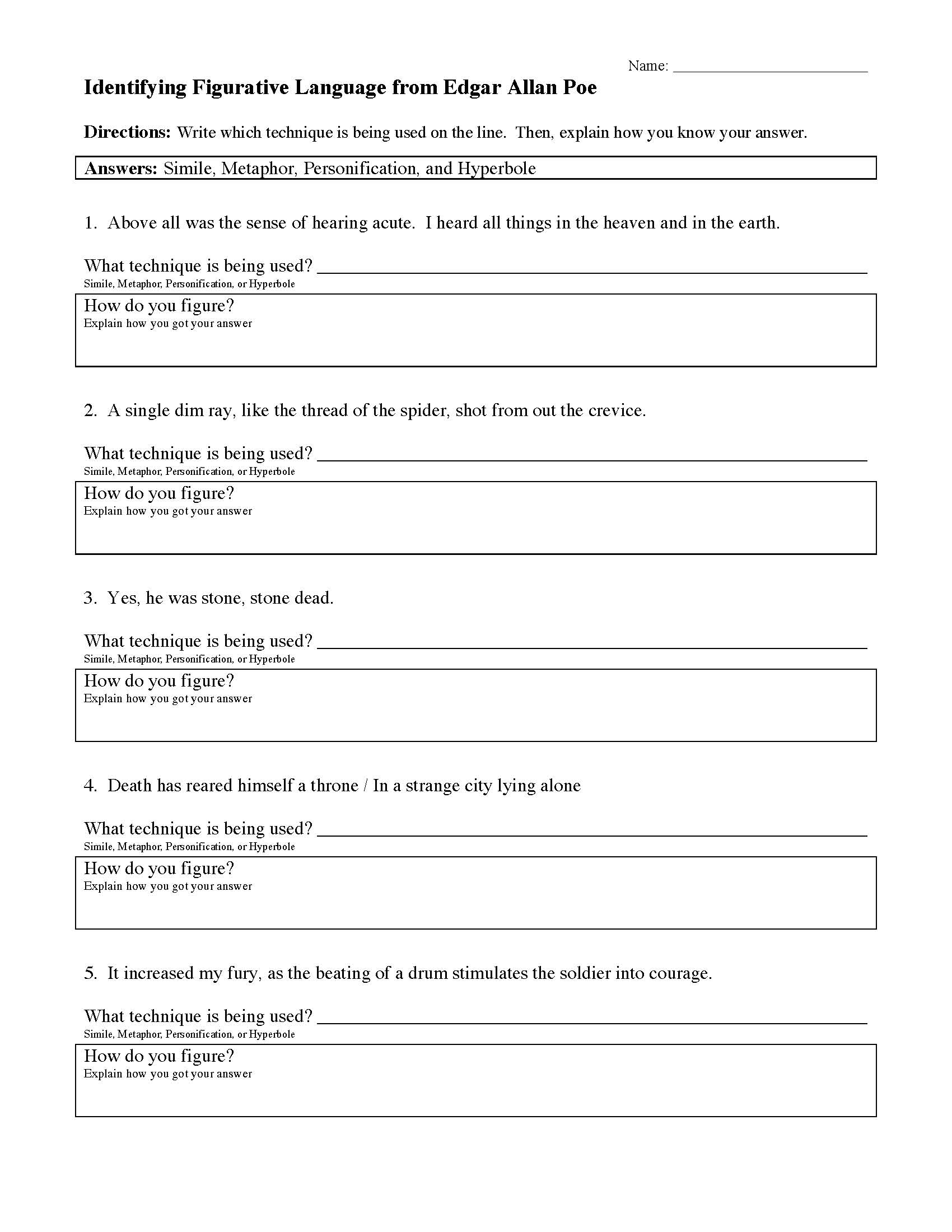 Figurative Language of Edgar Allan Poe Worksheet | Reading Activity