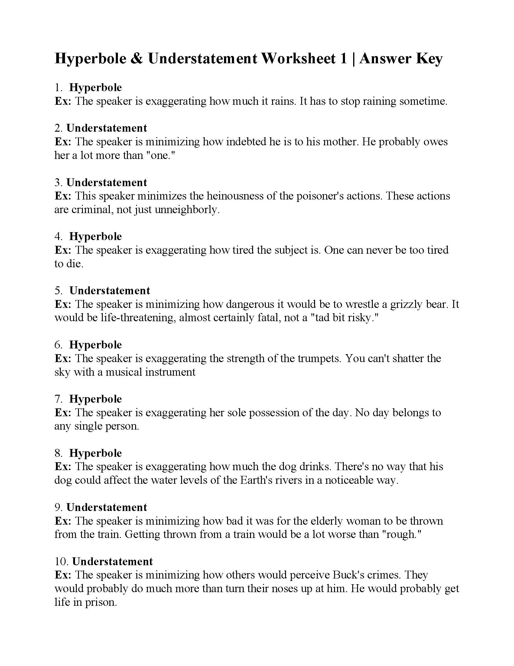 Hyperbole and Understatement Worksheet 1 | Figurative Language Activity