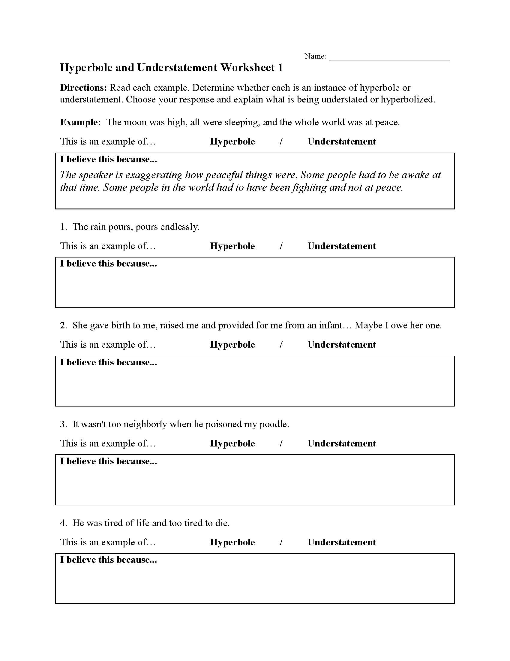 This is a preview image of Hyperbole and Understatement Worksheet 1. Click on it to enlarge it or view the source file.