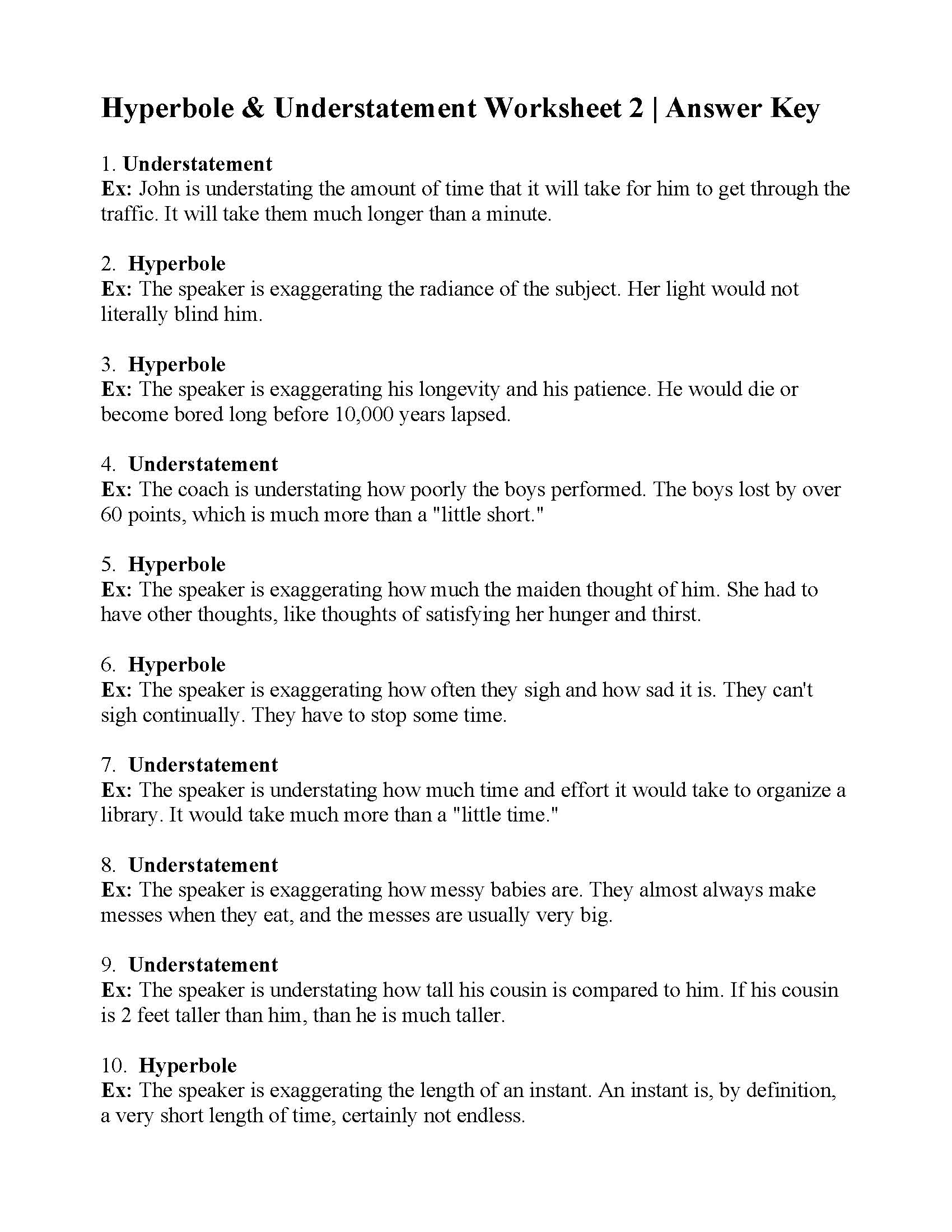This is a preview image of Hyperbole and Understatement Worksheet 2. Click on it to enlarge it or view the source file.