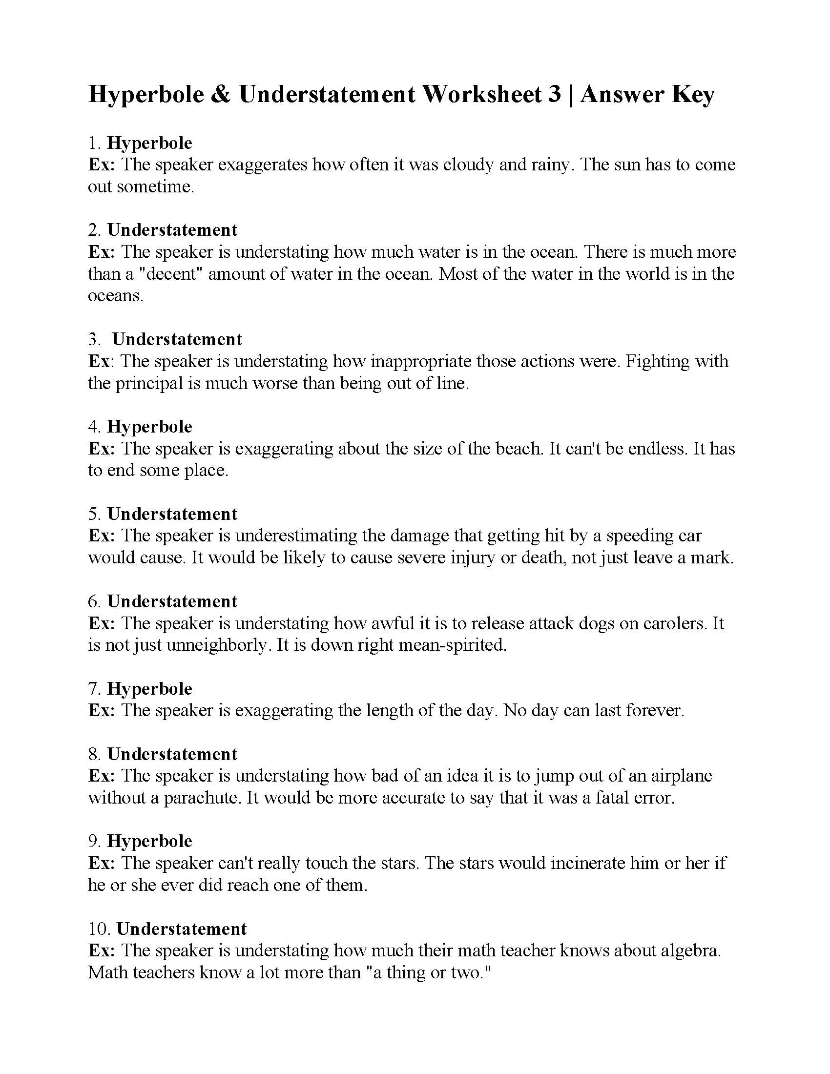 Hyperbole and Understatement Worksheet 3 | Figurative Language Activity