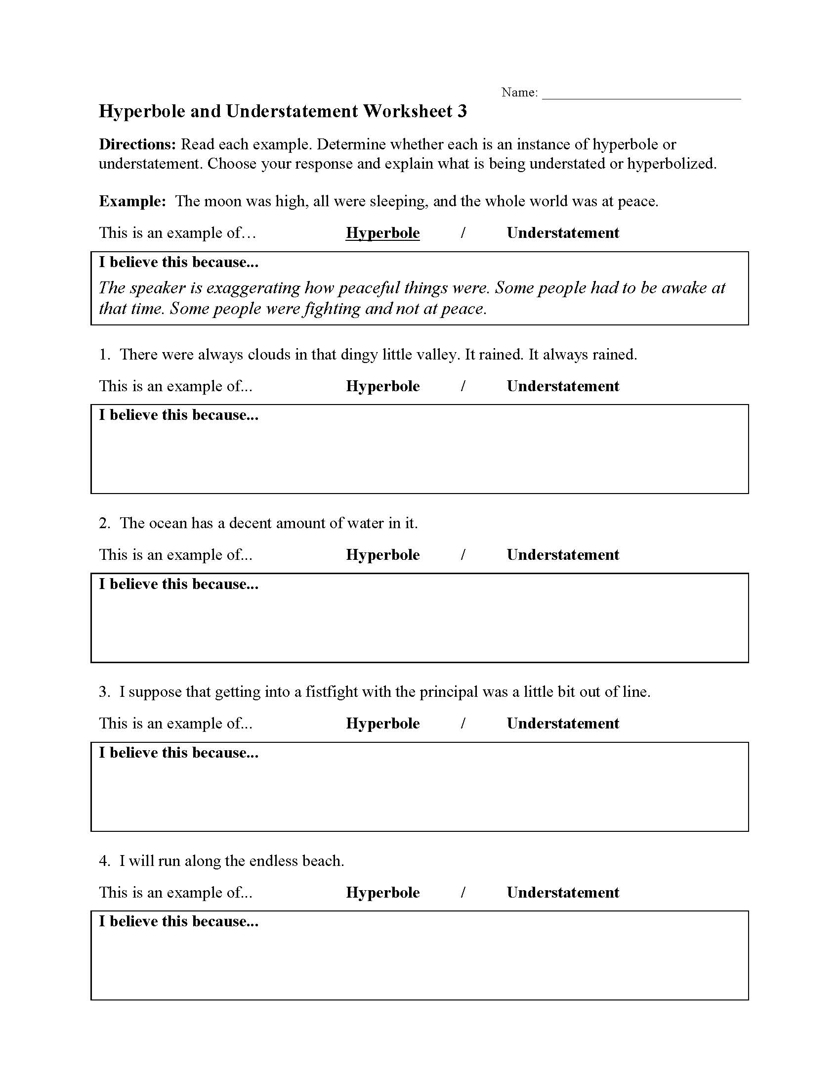 This is a preview image of Hyperbole and Understatement Worksheet 3. Click on it to enlarge it or view the source file.