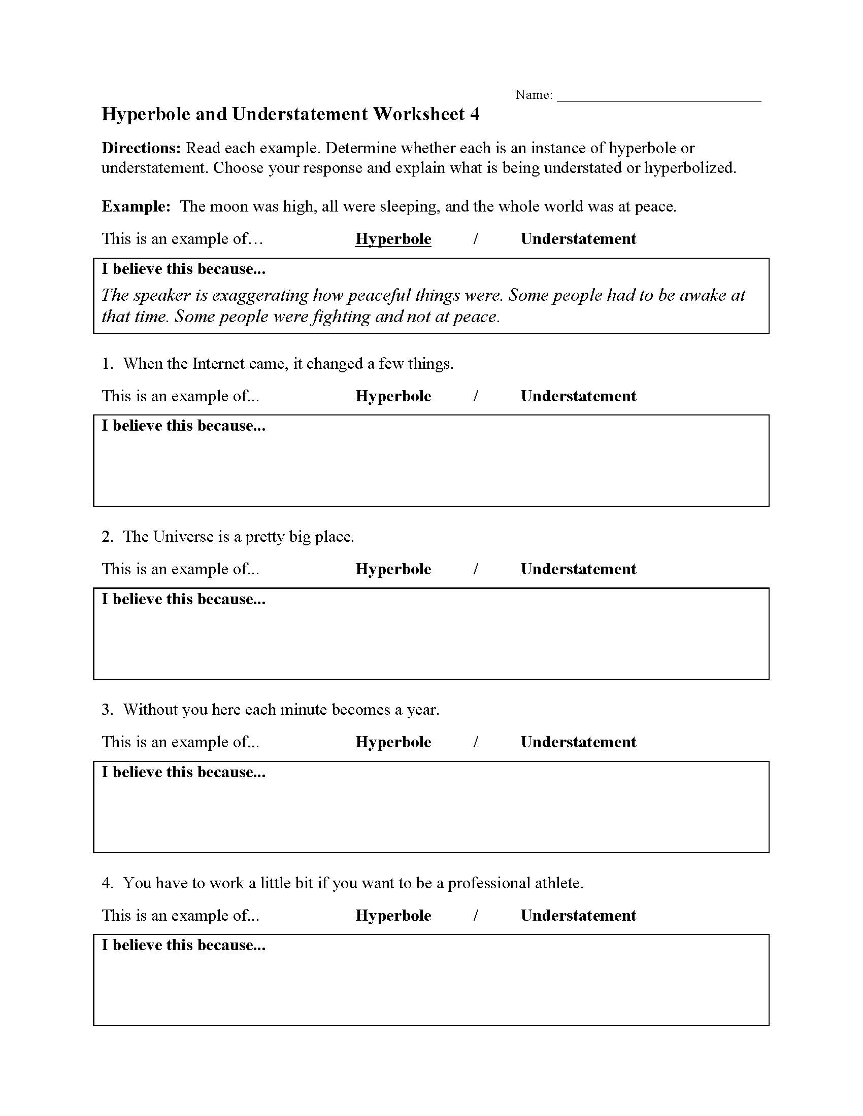 This is a preview image of Hyperbole and Understatement Worksheet 4. Click on it to enlarge it or view the source file.