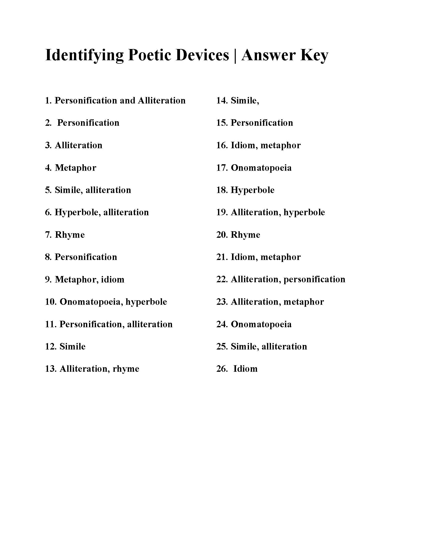 Identifying Poetic Devices Answers