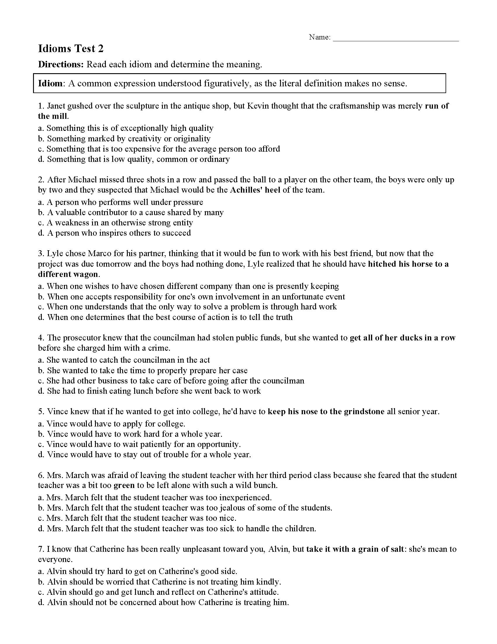 English- Idioms And Their Meaning Test - ProProfs Quiz