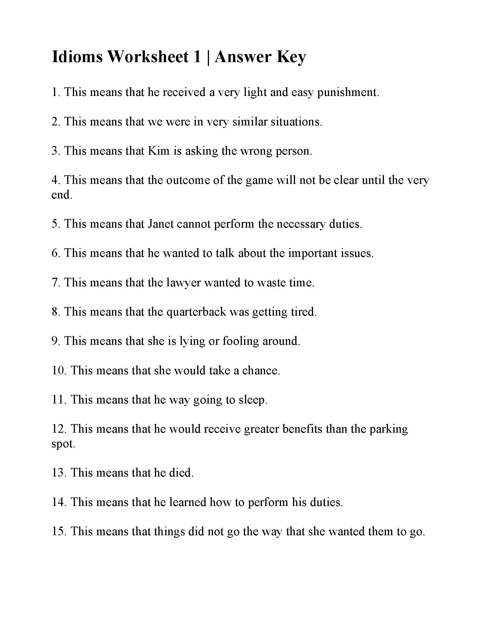 This is a preview image of Idiom Worksheet 1. Click on it to enlarge it or view the source file.