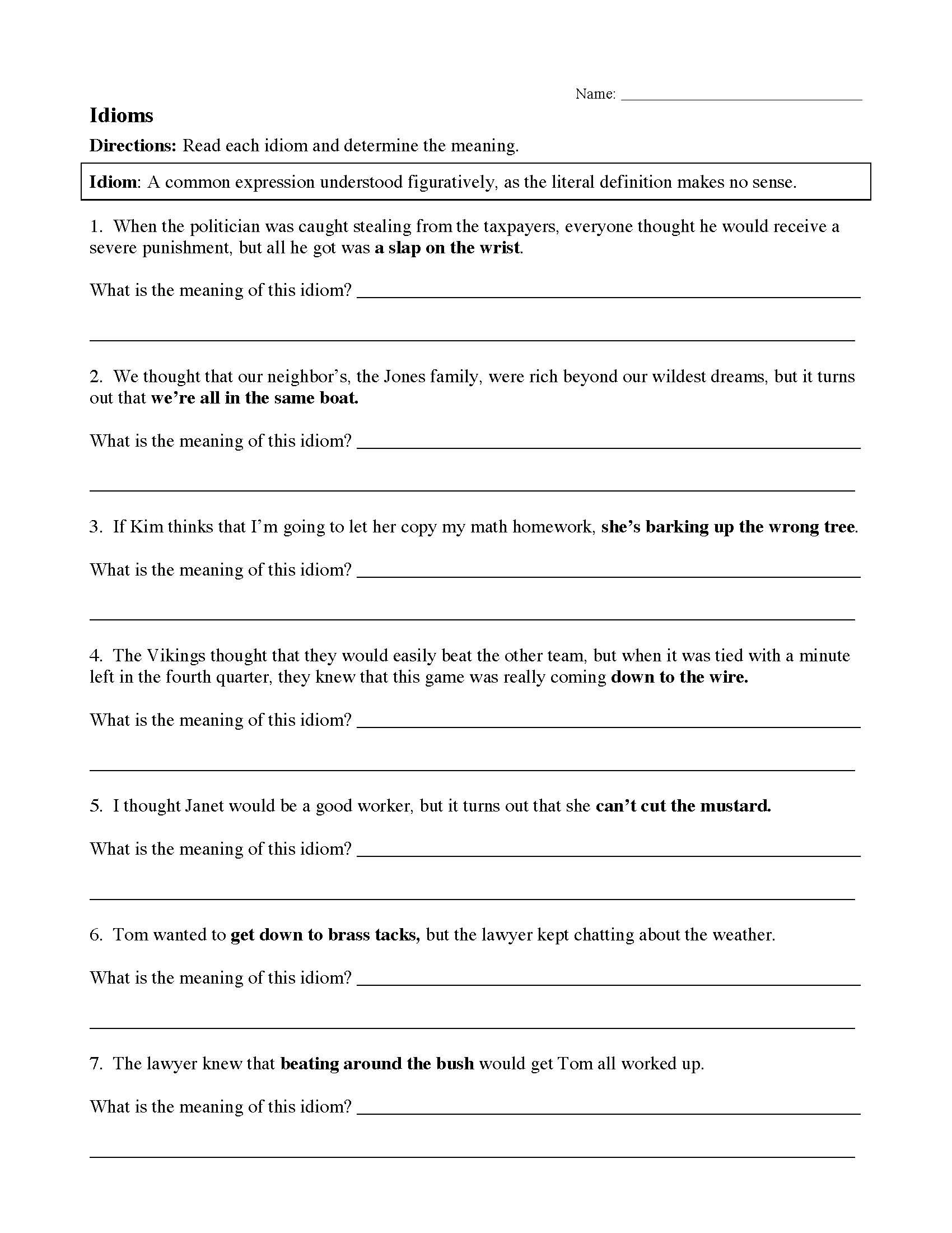 This is a preview image of Idiom Worksheet 1. Click on it to enlarge it or view the source file.
